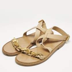 Pre Owned Valentino Beige Leather Metal Floral Embellished Flat Sandals Size 39