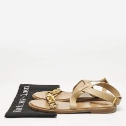 Pre Owned Valentino Beige Leather Metal Floral Embellished Flat Sandals Size 39