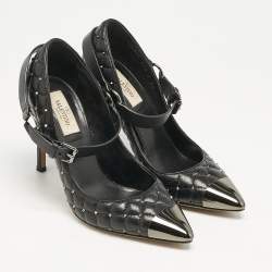 Valentino Black Quilted Leather Rockstud Spike Ankle Strap Cap Toe Pointed Pumps Size 37