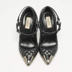 Valentino Black Quilted Leather Rockstud Spike Ankle Strap Cap Toe Pointed Pumps Size 37