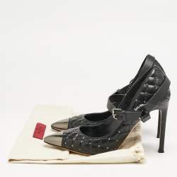 Valentino Black Quilted Leather Rockstud Spike Ankle Strap Cap Toe Pointed Pumps Size 37