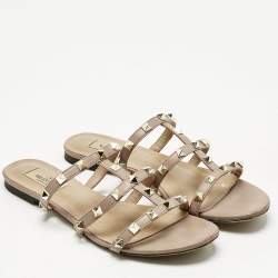 Pre Owned Valentino Dusty Pink Leather Rockstud Flat Slides Size 38