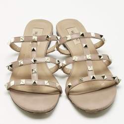 Pre Owned Valentino Dusty Pink Leather Rockstud Flat Slides Size 38