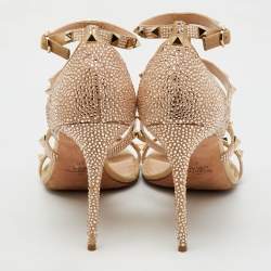 Valentino Beige Suede Crystal Embellished Rockstud Caged Sandals Size 40