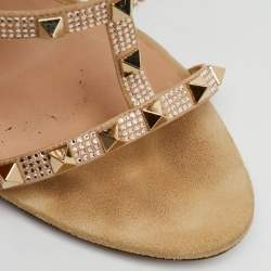 Valentino Beige Suede Crystal Embellished Rockstud Caged Sandals Size 40