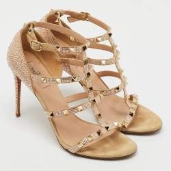 Valentino Beige Suede Crystal Embellished Rockstud Caged Sandals Size 40