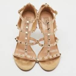 Valentino Beige Suede Crystal Embellished Rockstud Caged Sandals Size 40
