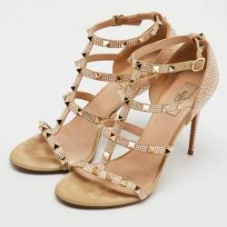 Valentino Beige Suede Crystal Embellished Rockstud Caged Sandals Size 40