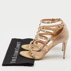 Valentino Beige Suede Crystal Embellished Rockstud Caged Sandals Size 40