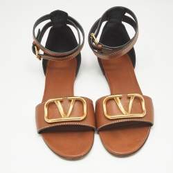 Pre Owned Valentino Brown Leather VLogo Slingback Flat Sandals Size 38.5
