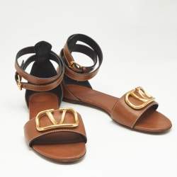 Pre Owned Valentino Brown Leather VLogo Slingback Flat Sandals Size 38.5