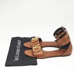 Pre Owned Valentino Brown Leather VLogo Slingback Flat Sandals Size 38.5