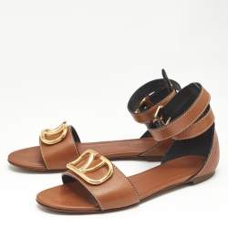 Pre Owned Valentino Brown Leather VLogo Slingback Flat Sandals Size 38.5