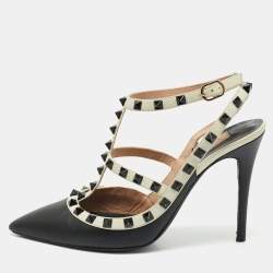 Valentino Black/White Leather Rockstud Ankle Strap Pumps Size 39