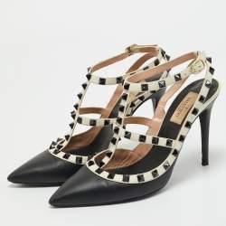 Valentino Black/White Leather Rockstud Ankle Strap Pumps Size 39