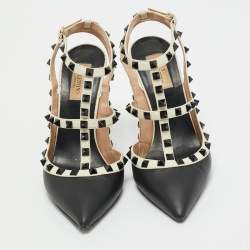 Valentino Black/White Leather Rockstud Ankle Strap Pumps Size 39