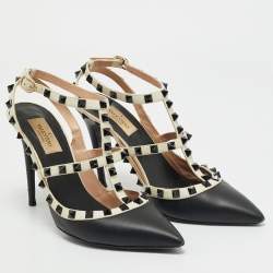 Valentino Black/White Leather Rockstud Ankle Strap Pumps Size 39