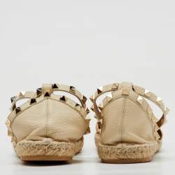 Valentino Cream Leather Rockstud Ankle Strap Espadrille Flats Size 39