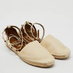 Valentino Cream Leather Rockstud Ankle Strap Espadrille Flats Size 39