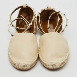 Valentino Cream Leather Rockstud Ankle Strap Espadrille Flats Size 39