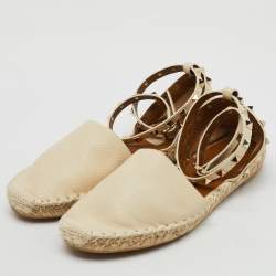 Valentino Cream Leather Rockstud Ankle Strap Espadrille Flats Size 39