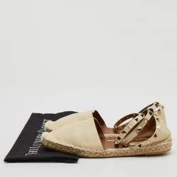 Valentino Cream Leather Rockstud Ankle Strap Espadrille Flats Size 39
