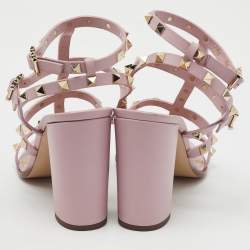 Valentino Light Pink Leather Rockstud Caged Ankle Strap Block Heel Sandals Size 40
