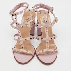 Valentino Light Pink Leather Rockstud Caged Ankle Strap Block Heel Sandals Size 40