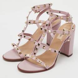 Valentino Light Pink Leather Rockstud Caged Ankle Strap Block Heel Sandals Size 40