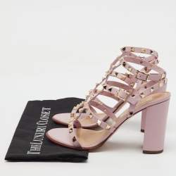 Valentino Light Pink Leather Rockstud Caged Ankle Strap Block Heel Sandals Size 40