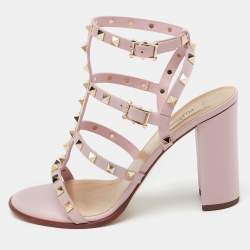 Valentino Light Pink Leather Rockstud Caged Ankle Strap Block Heel Sandals Size 40