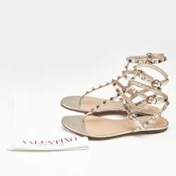 Valentino Gold  Leather Rockstud Ankle Strap Sandals 37.5