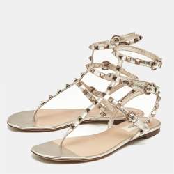 Valentino Gold  Leather Rockstud Ankle Strap Sandals 37.5