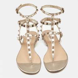 Valentino Gold  Leather Rockstud Ankle Strap Sandals 37.5