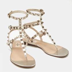 Valentino Gold  Leather Rockstud Ankle Strap Sandals 37.5