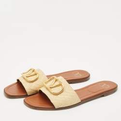 Pre Owned Valentino Beige Raffia Escape VLogo Flat Slides Size 41