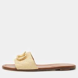 Pre Owned Valentino Beige Raffia Escape VLogo Flat Slides Size 41
