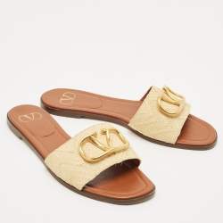 Pre Owned Valentino Beige Raffia Escape VLogo Flat Slides Size 41