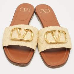 Pre Owned Valentino Beige Raffia Escape VLogo Flat Slides Size 41
