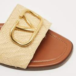 Pre Owned Valentino Beige Raffia Escape VLogo Flat Slides Size 41