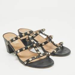 Valentino Black Leather Rockstud Ankle Strap Sandals Size 38