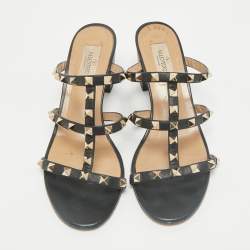 Valentino Black Leather Rockstud Ankle Strap Sandals Size 38