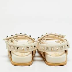 Pre Owned Valentino Cream Leather Rockstud Flat Sandals Size 36.5