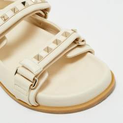 Pre Owned Valentino Cream Leather Rockstud Flat Sandals Size 36.5
