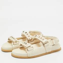 Pre Owned Valentino Cream Leather Rockstud Flat Sandals Size 36.5