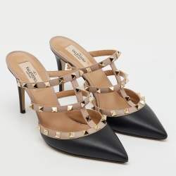 Valentino Black/Beige Leather Rockstud Pointed Toe Mules Size 38