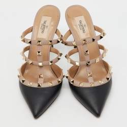 Valentino Black/Beige Leather Rockstud Pointed Toe Mules Size 38