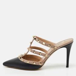 Valentino Black/Beige Leather Rockstud Pointed Toe Mules Size 38