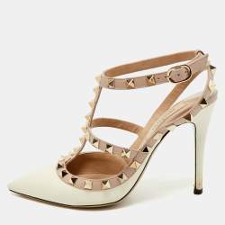 Valentino Beige/Cream Leather Rockstud Caged Ankle Strap Pumps Size 36