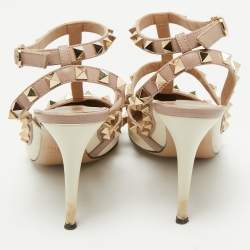 Valentino Beige/Cream Leather Rockstud Caged Ankle Strap Pumps Size 36